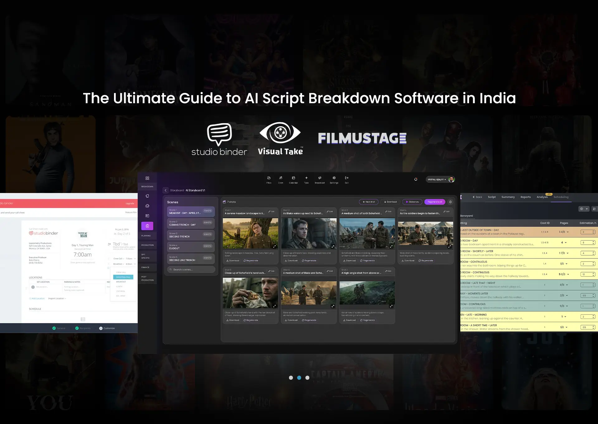 Dashboard comparison of AI script breakdown software in India featuring StudioBinder, Visual Take, and Filmustage for film production management in 2026.  File Name: