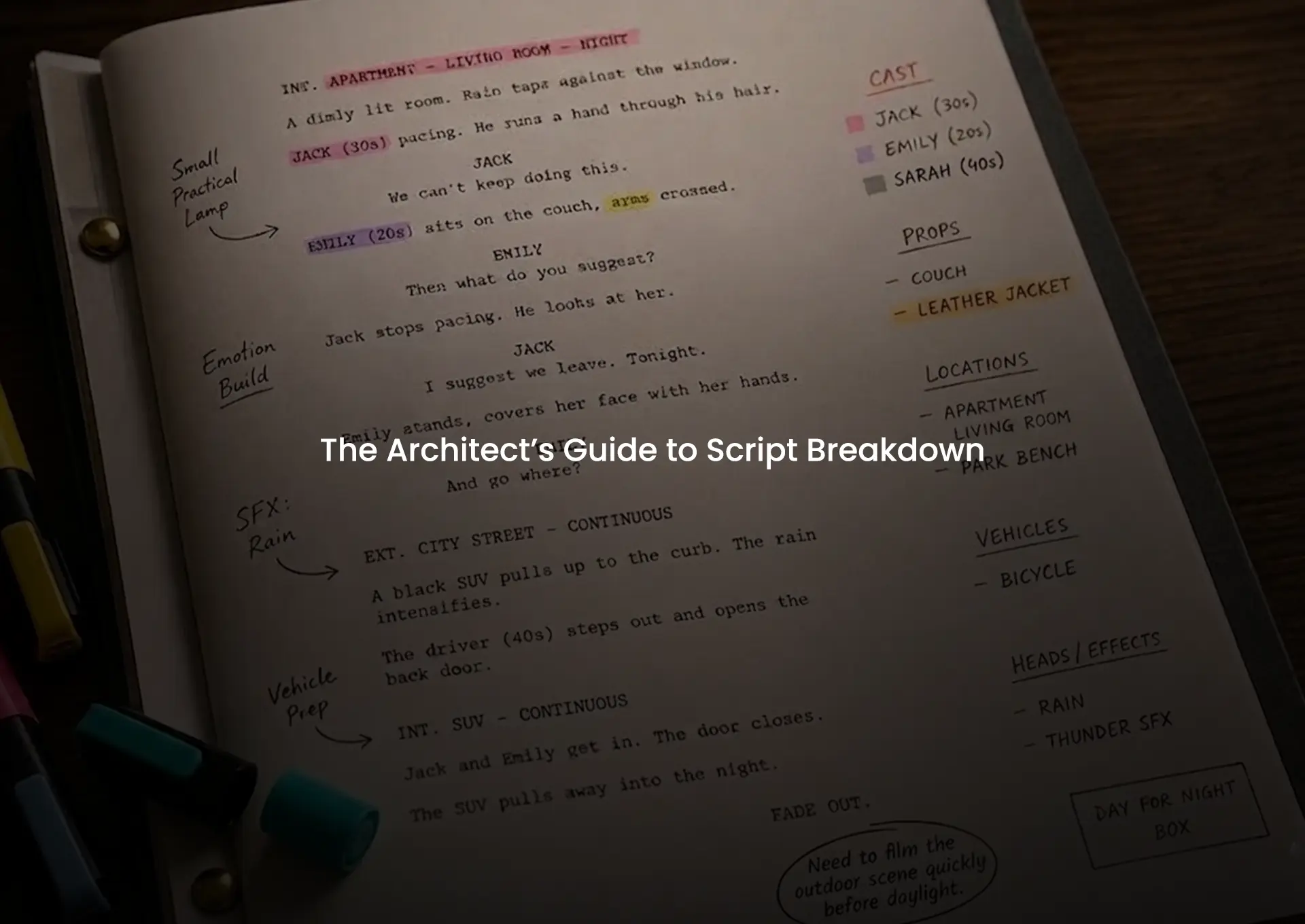 Annotated film script breakdown page showing highlighted screenplay elements, cast, props, locations, and production notes for Bollywood and regional cinema planning.