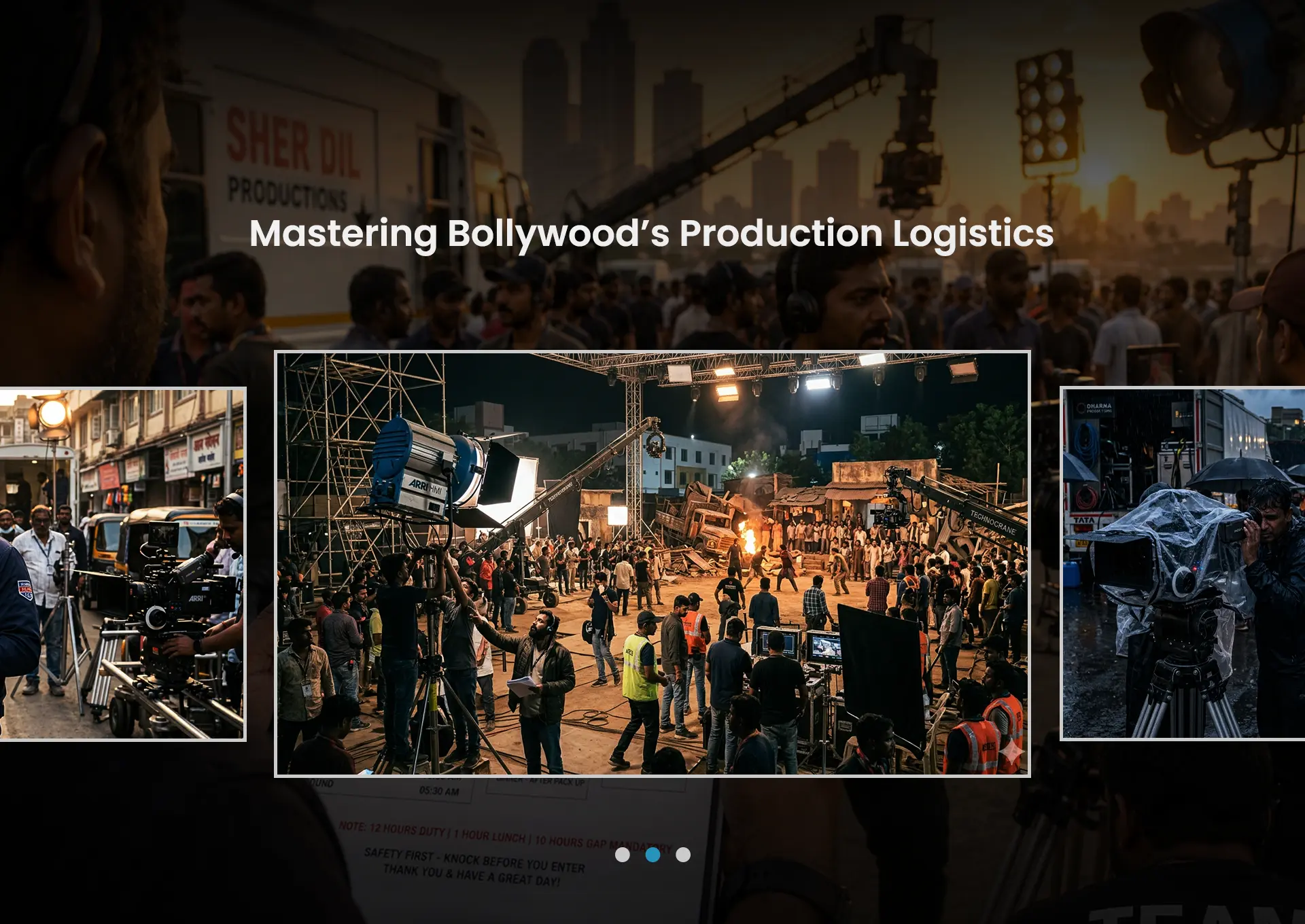Bollywood film production crew managing a large-scale outdoor movie shoot with cameras, lighting rigs, cranes, and logistics coordination on set in India.