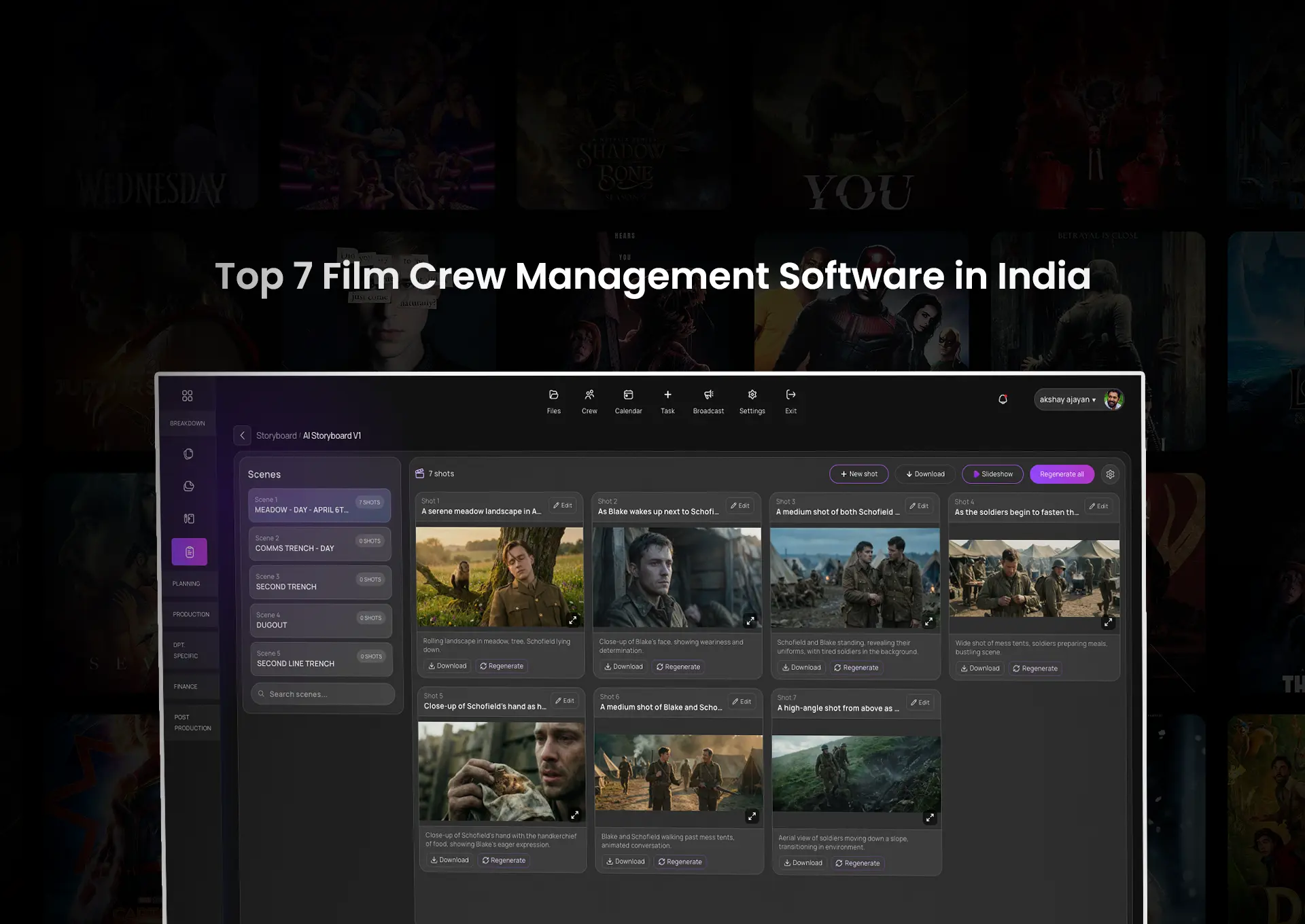 Dashboard interface of film crew management software in India showing storyboard planning, scene organization, crew scheduling, and production workflow tools for movie production teams