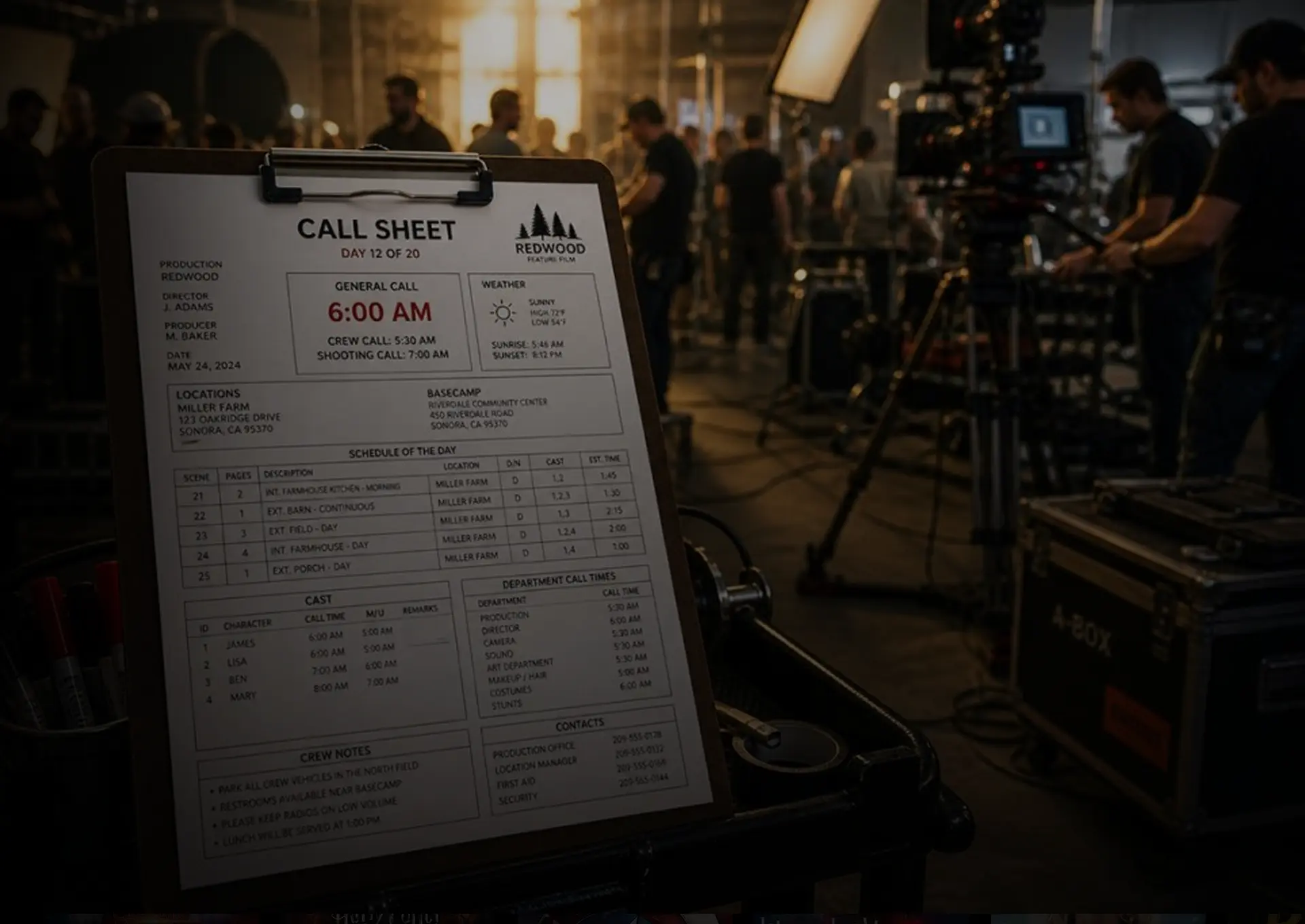 Film production call sheet displayed on a movie set with crew members, cameras, and lighting equipment during a professional film shoot.  File Name: