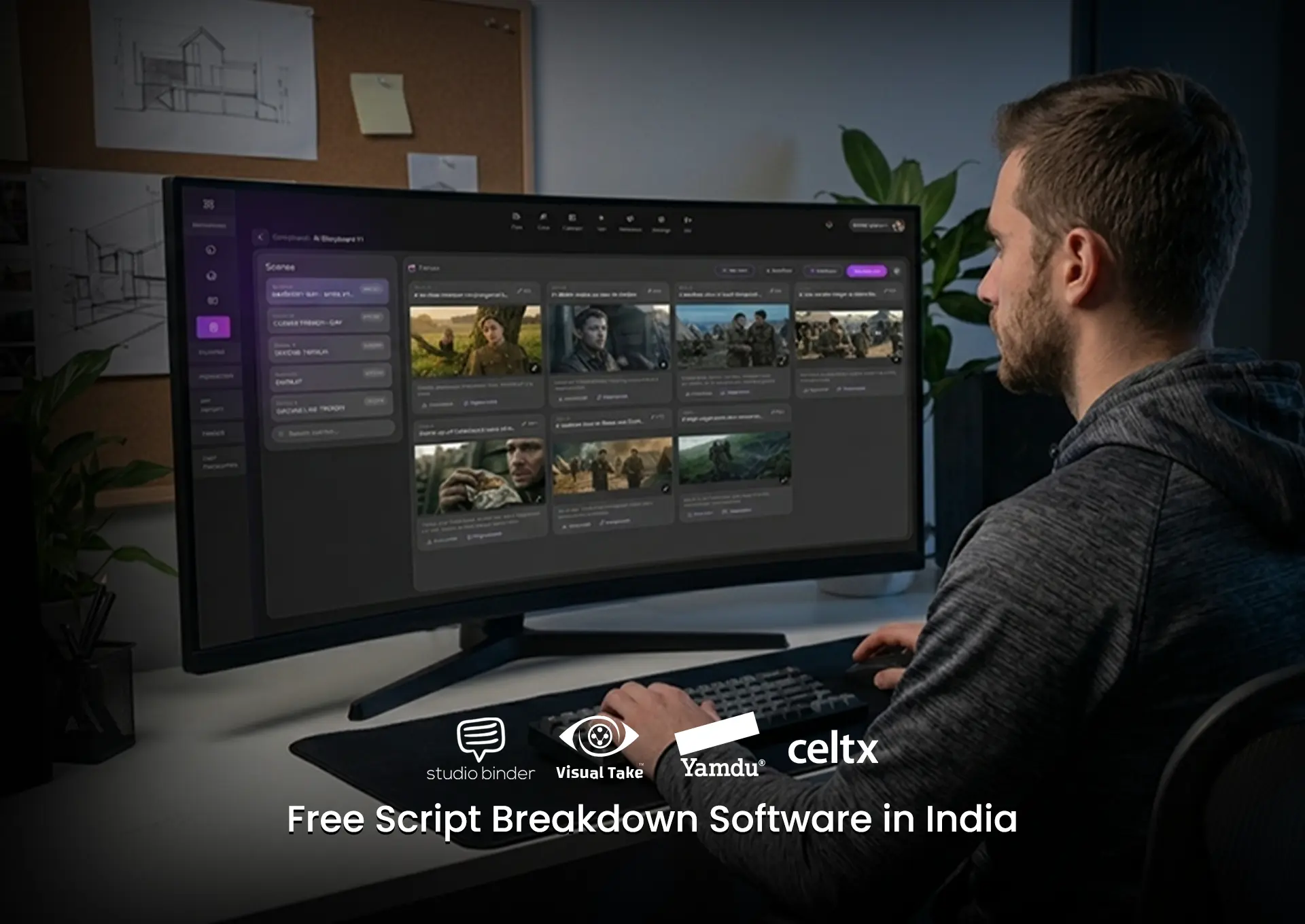 Film producer using script breakdown software for scene planning and production management on a large monitor