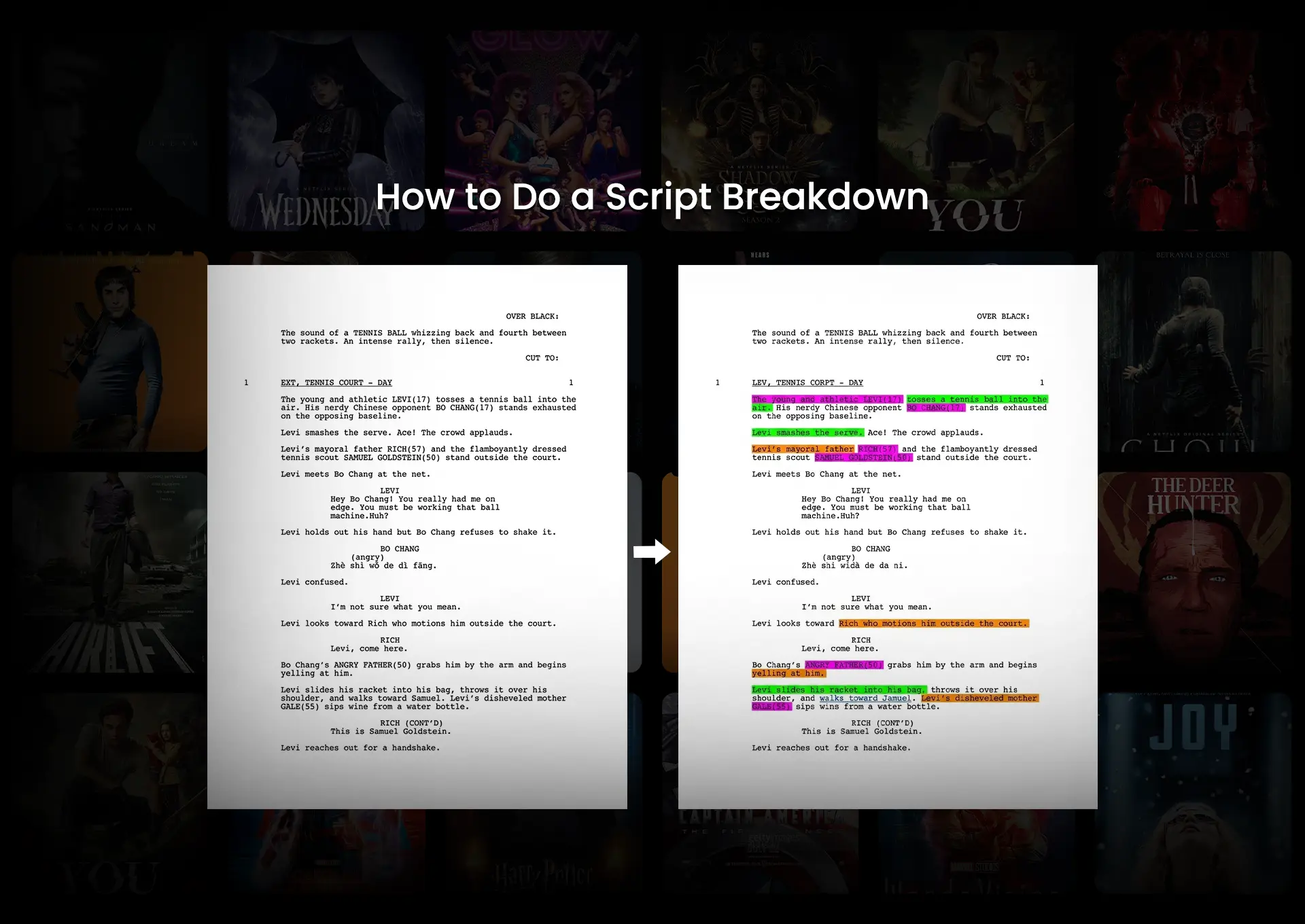 "Script breakdown example for film production workflow with highlighted screenplay elements."