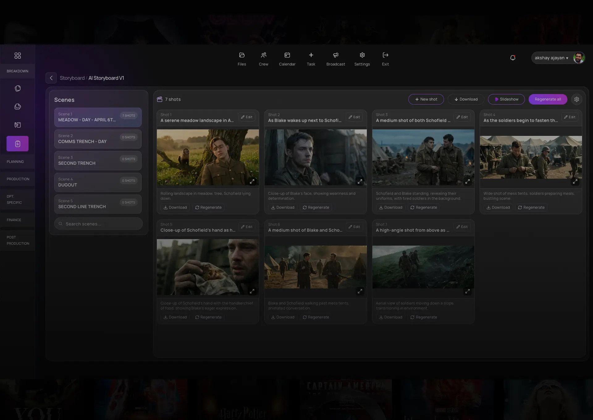 AI-powered film storyboard and script breakdown dashboard interface used for scene planning and production management in Indian filmmaking.