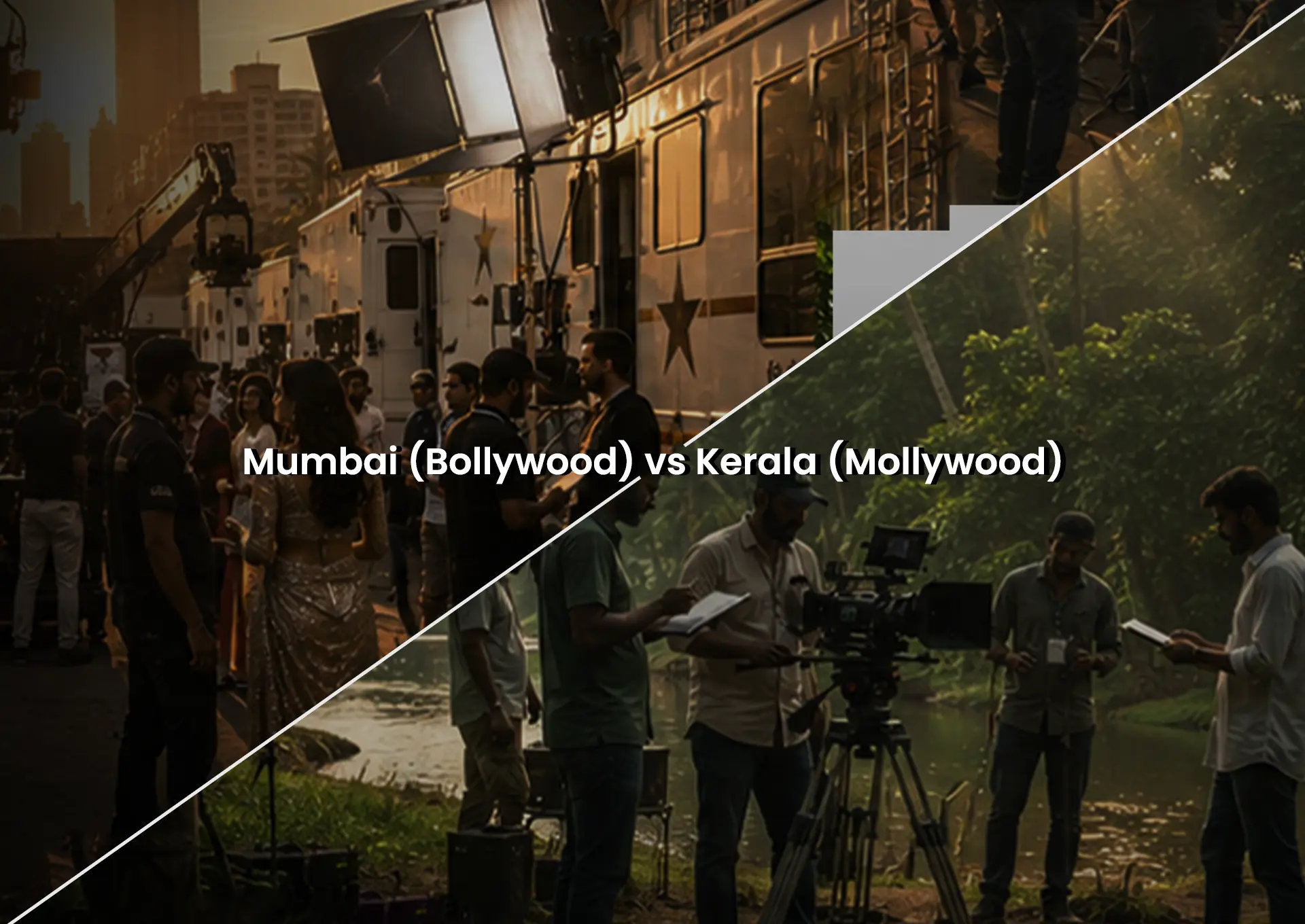 Comparison of Bollywood and Mollywood film production environments, featuring movie crews, lighting equipment, cameras, and on-location shoots in Mumbai and Kerala.