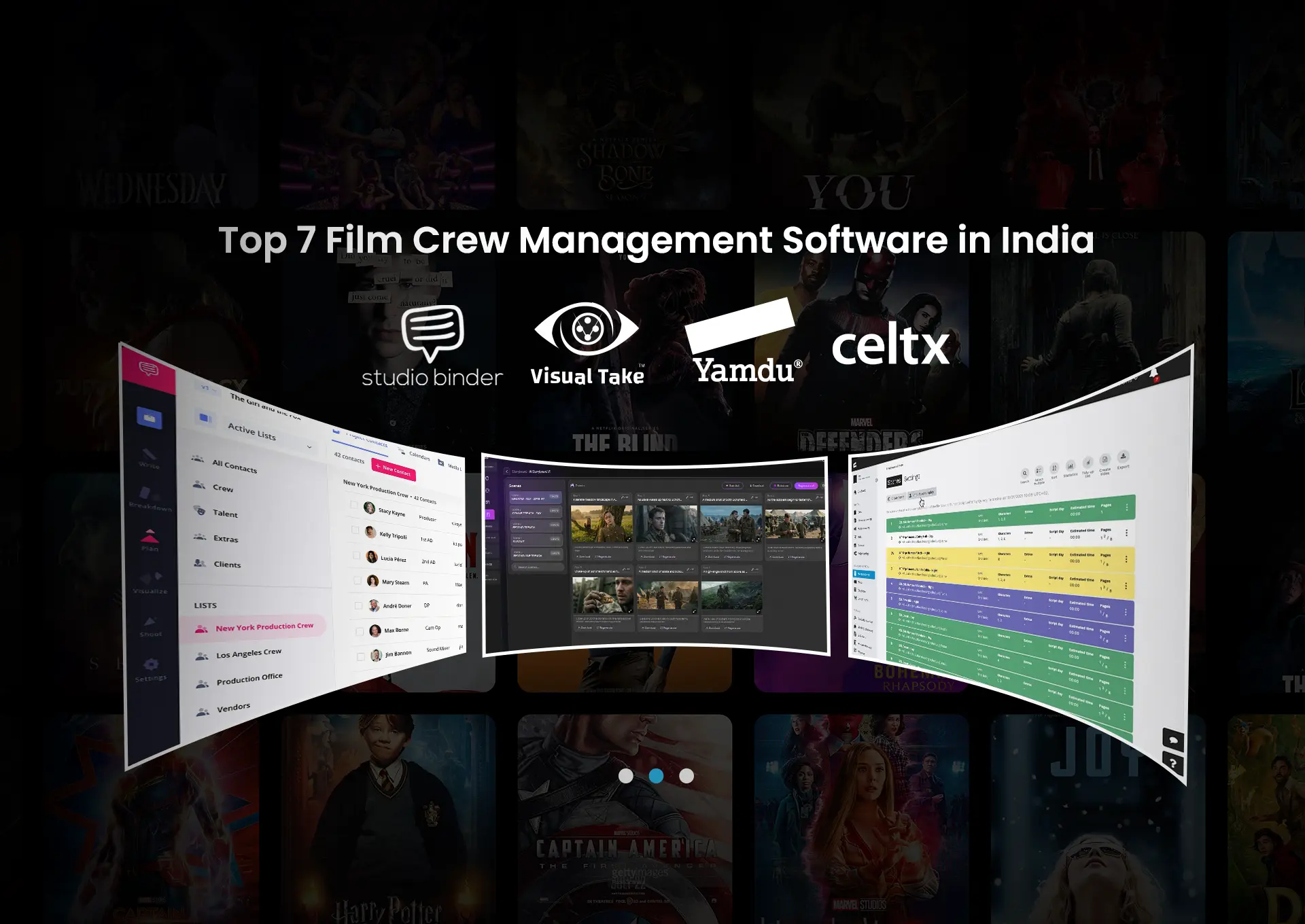 Comparison graphic showcasing top film crew management software platforms in India, including StudioBinder, Visual Take, Yamdu, and Celtx, with production dashboard interfaces for scheduling, crew coordination, and filmmaking workflows.