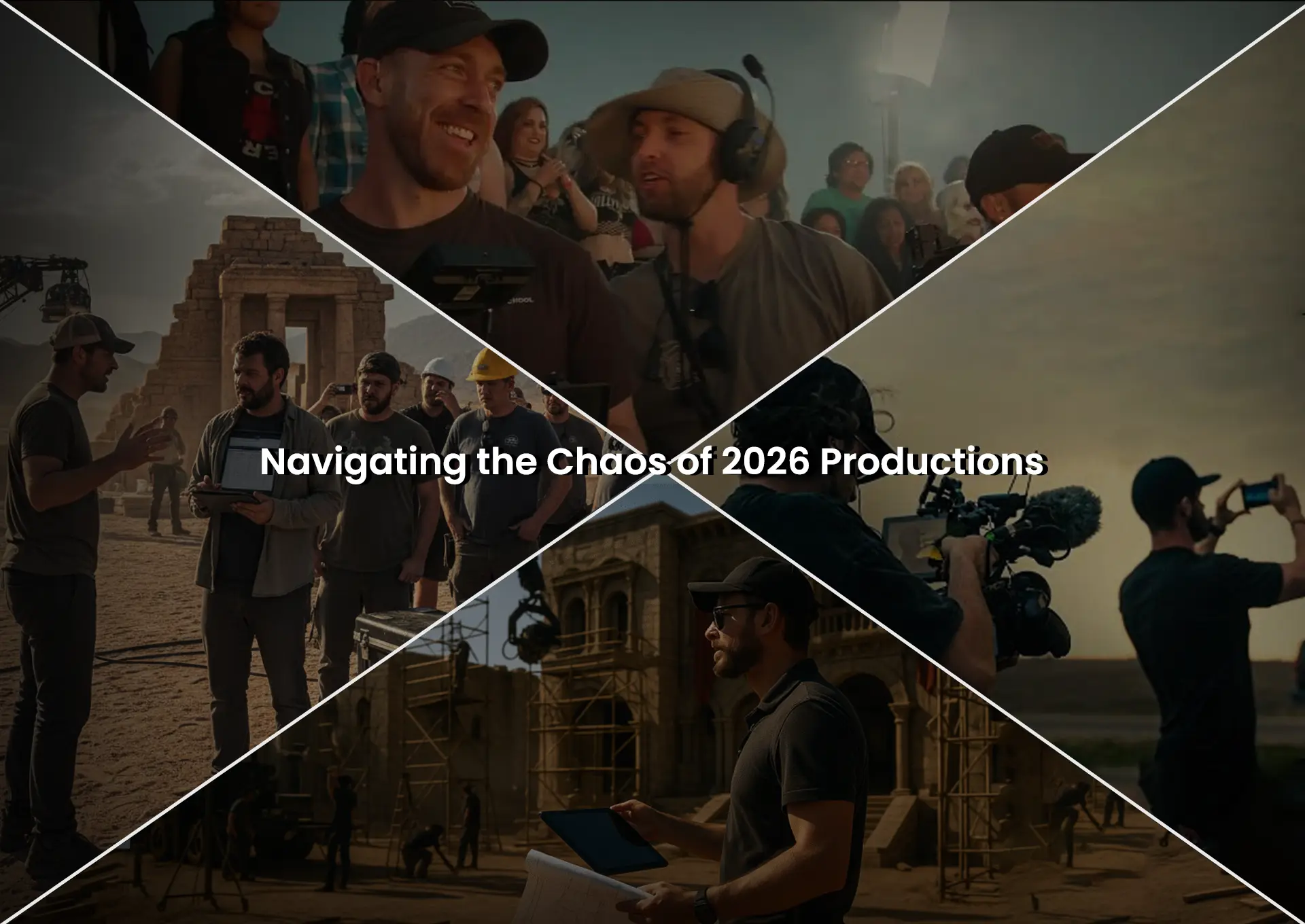 Film production crew coordinating outdoor movie shoots with cameras, directors, and scheduling activities during a large-scale 2026 film production.