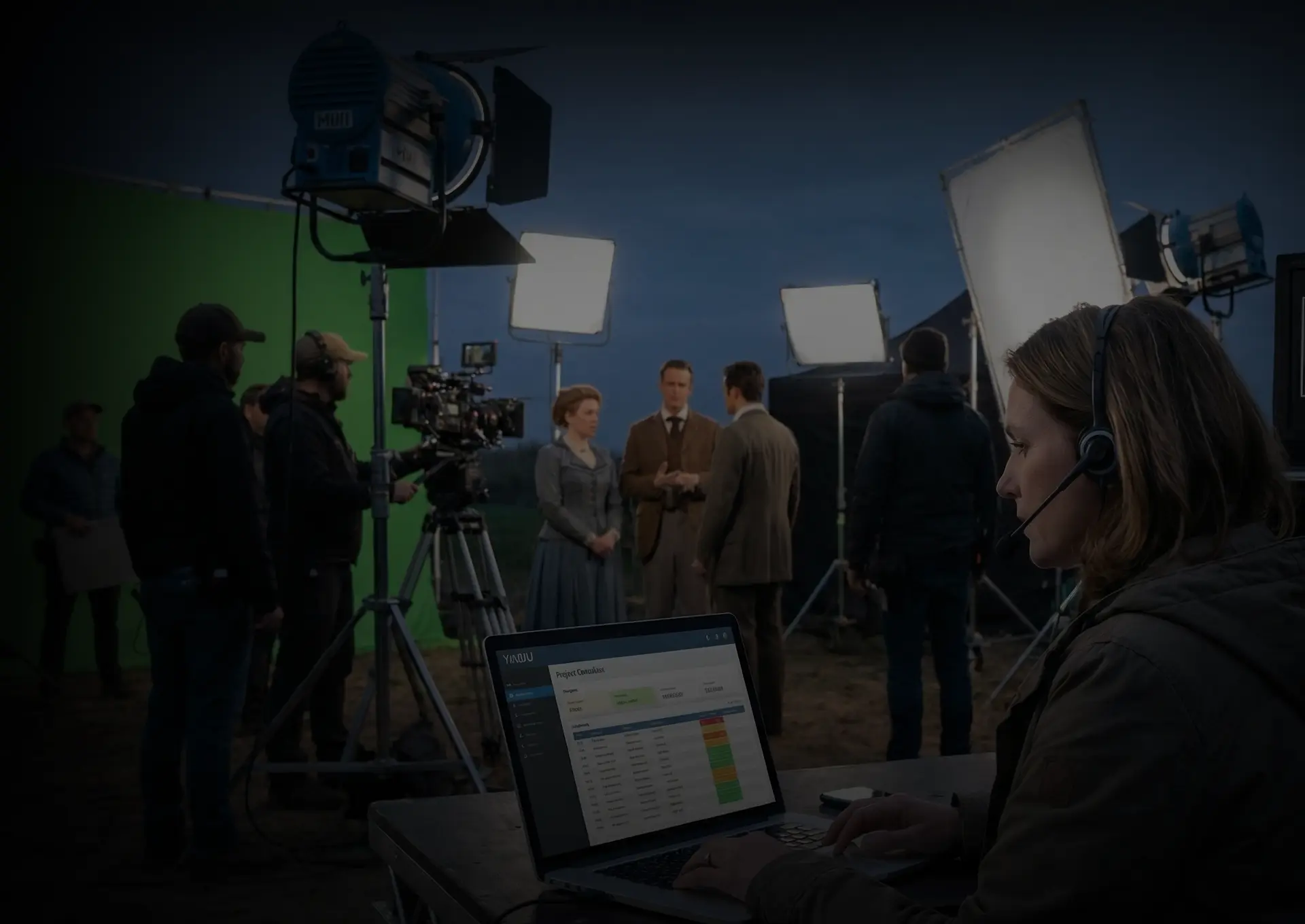 Film production crew using digital management software on a movie set for scheduling, coordination, and real-time production tracking.