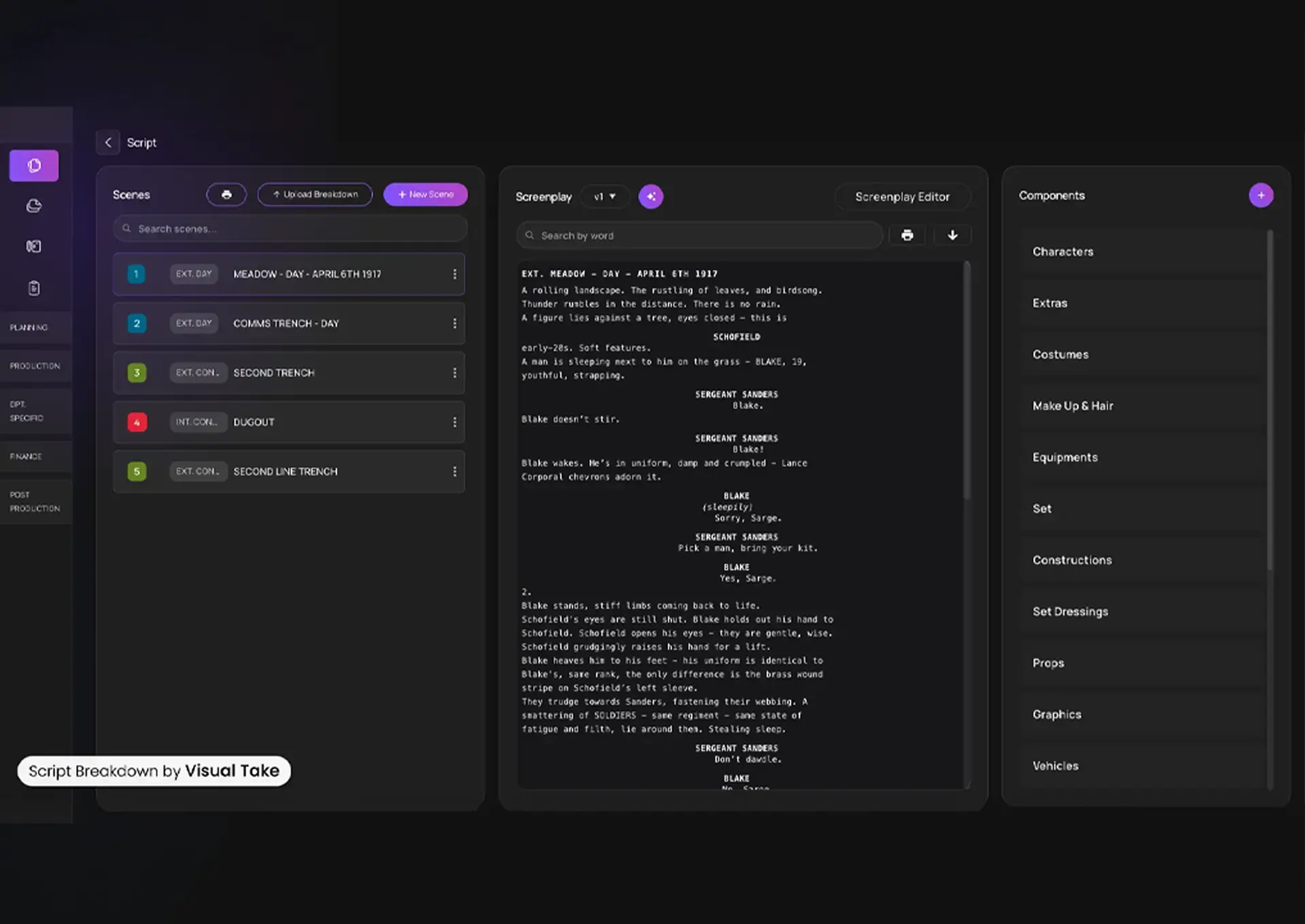 Script breakdown dashboard for screenplay and production planning.