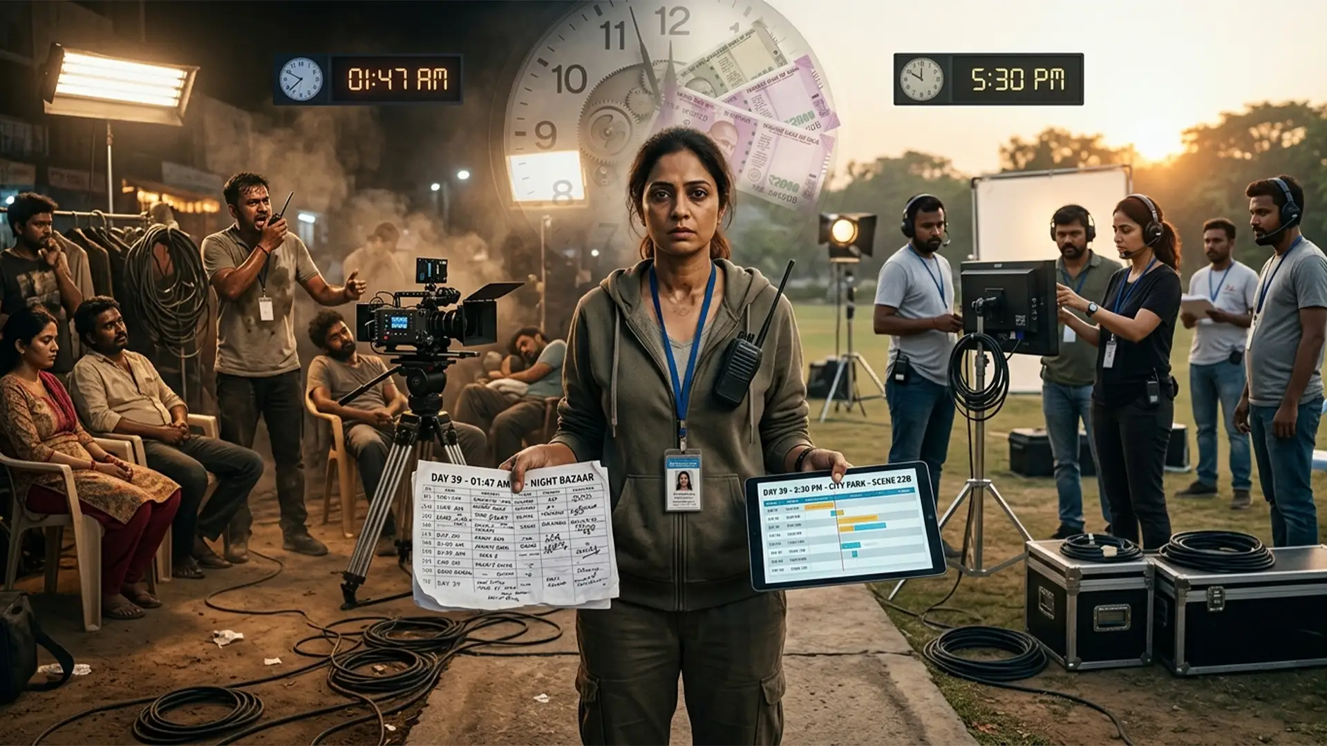 Film production manager handling schedule and overtime on set