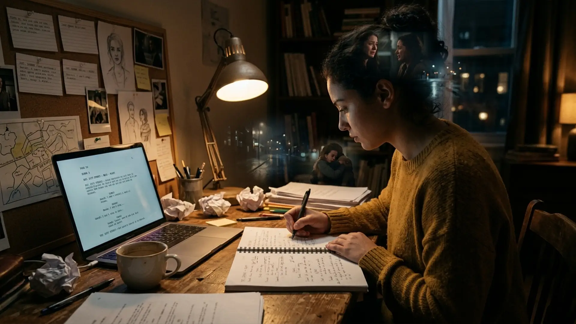 film script writing process, screenwriter workspace, storytelling, screenplay development at night