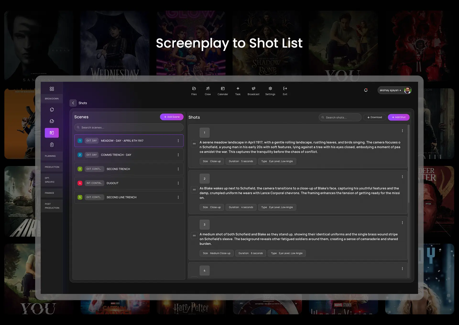 AI-powered screenplay to shot list dashboard showing scenes, shot details, camera suggestions, and duration planning for film production.