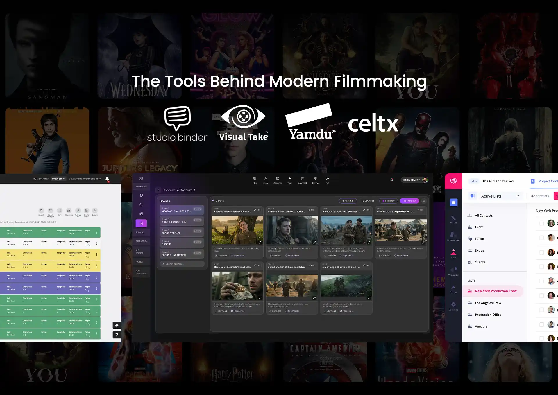Advanced workflow tools in film production featuring Visual Take, StudioBinder, Yamdu, and Celtx dashboards for scriptwriting, scheduling, and crew management