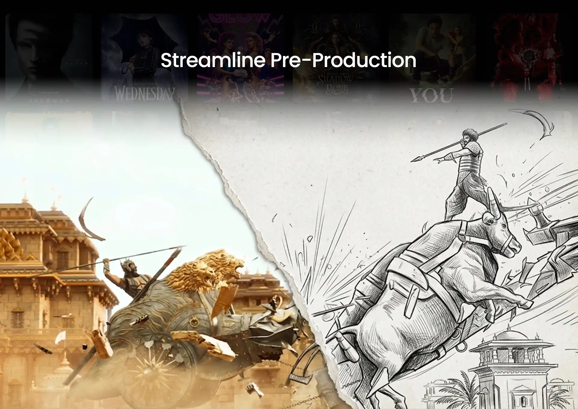 AI-powered film pre-production workflow showing storyboard sketch transforming into cinematic battle scene