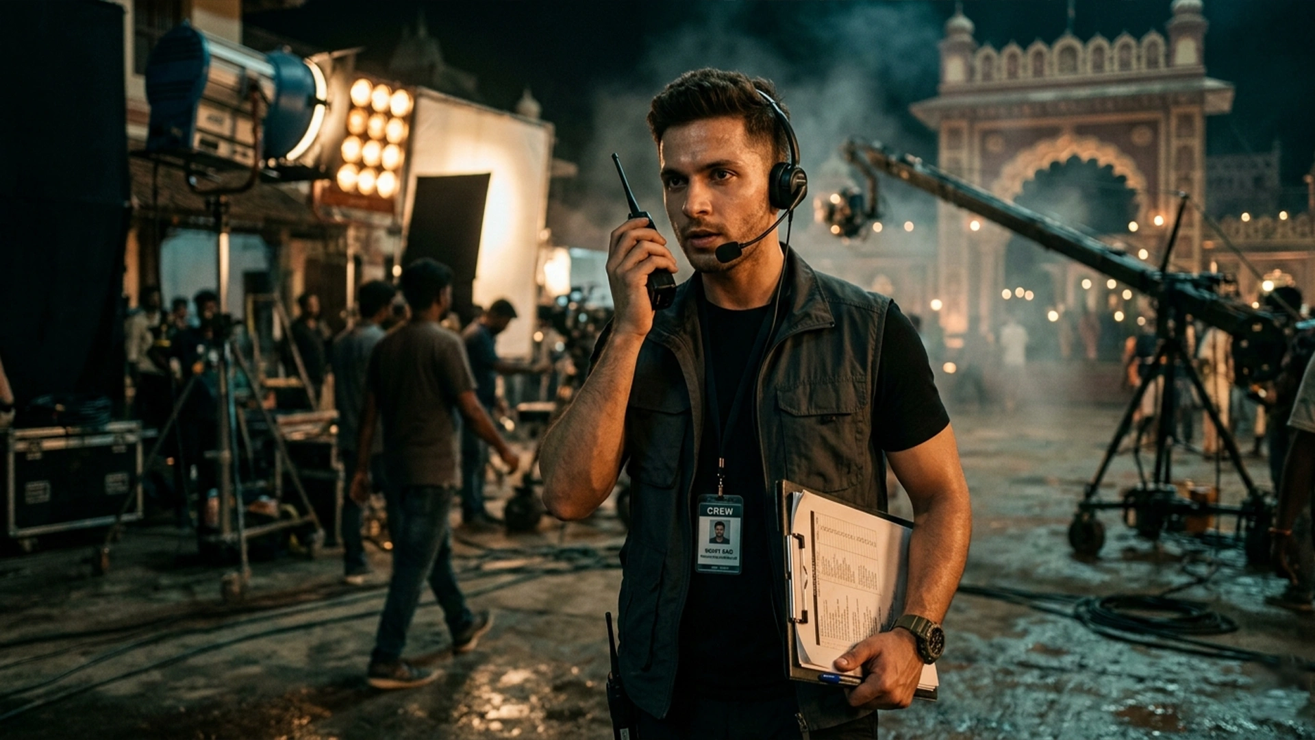 Production controller coordinating a film shoot on set with crew and equipment.