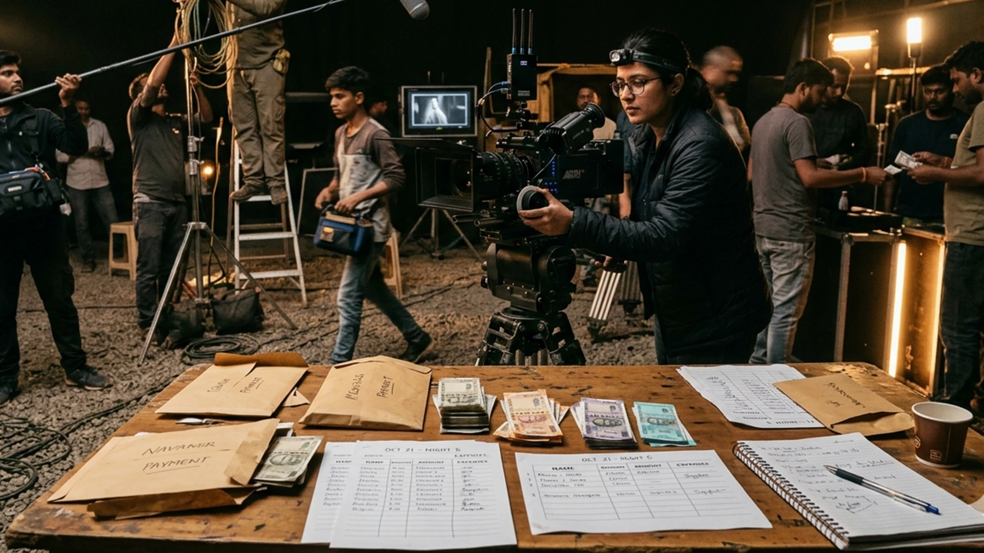 Film production team handling budget and shoot setup