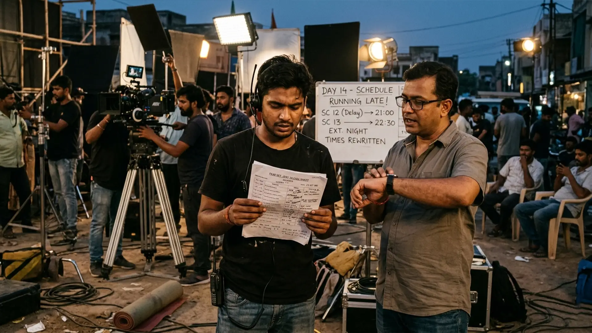 Film crew reviewing shooting schedule on set