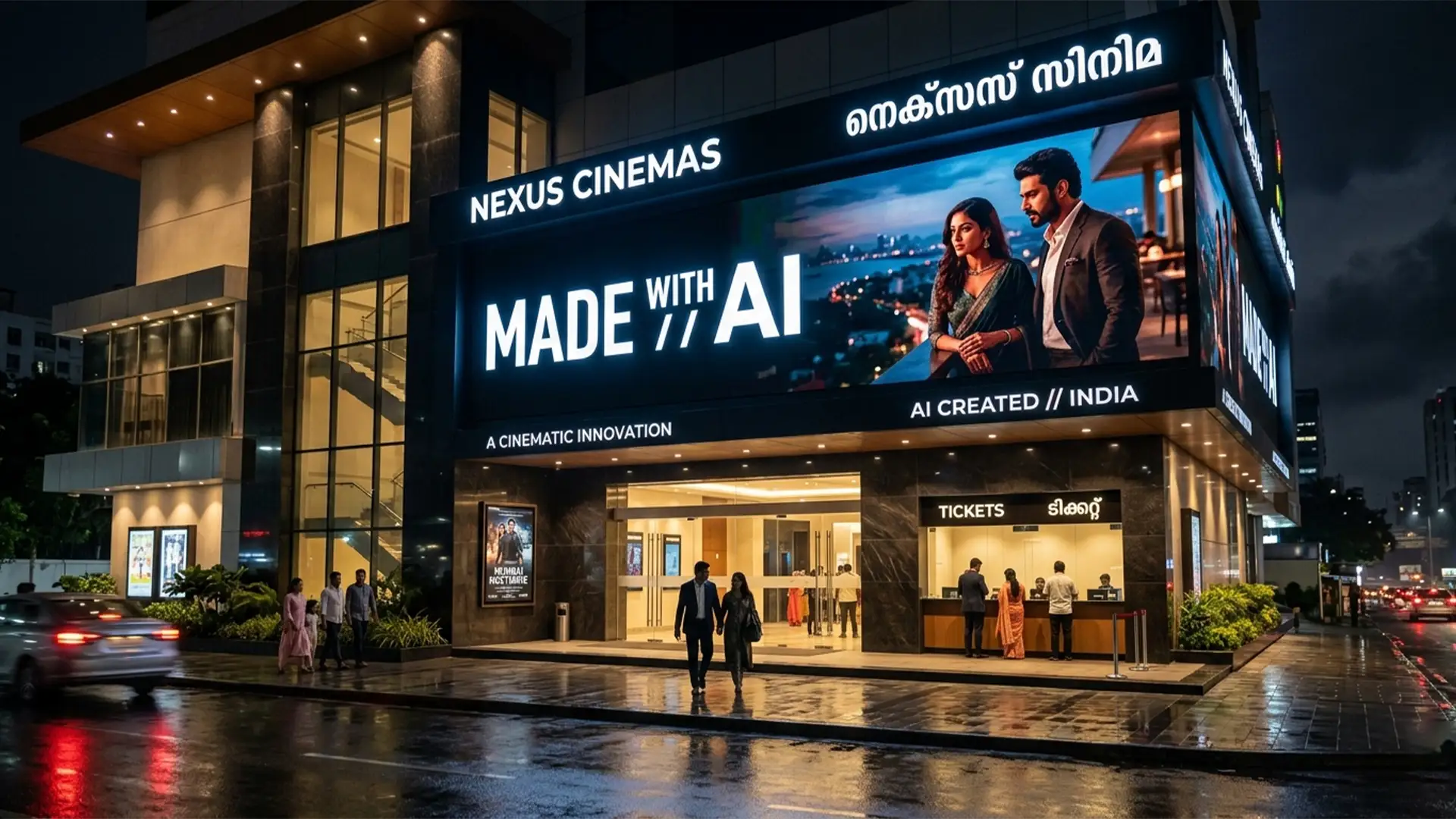 Modern cinema building with a large AI-themed movie billboard at night.