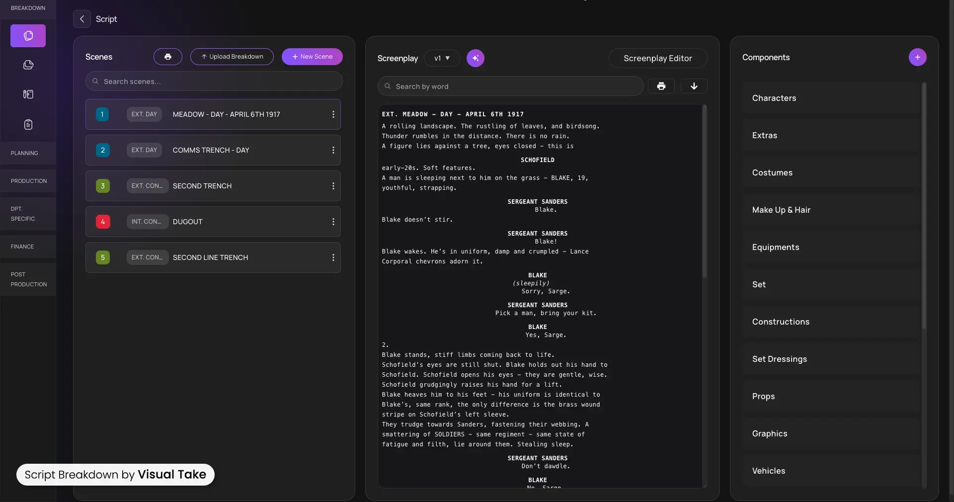 AI-powered script breakdown dashboard with scenes, screenplay editor, and production elements for film planning.