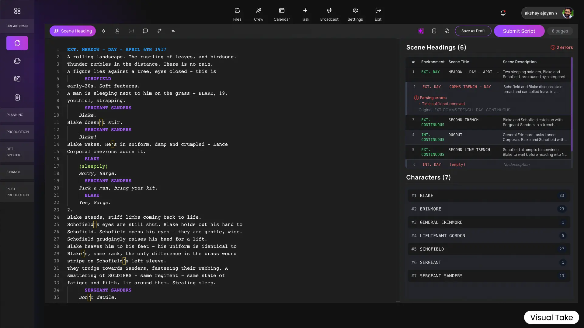 Screenplay breakdown interface showing script and scene details