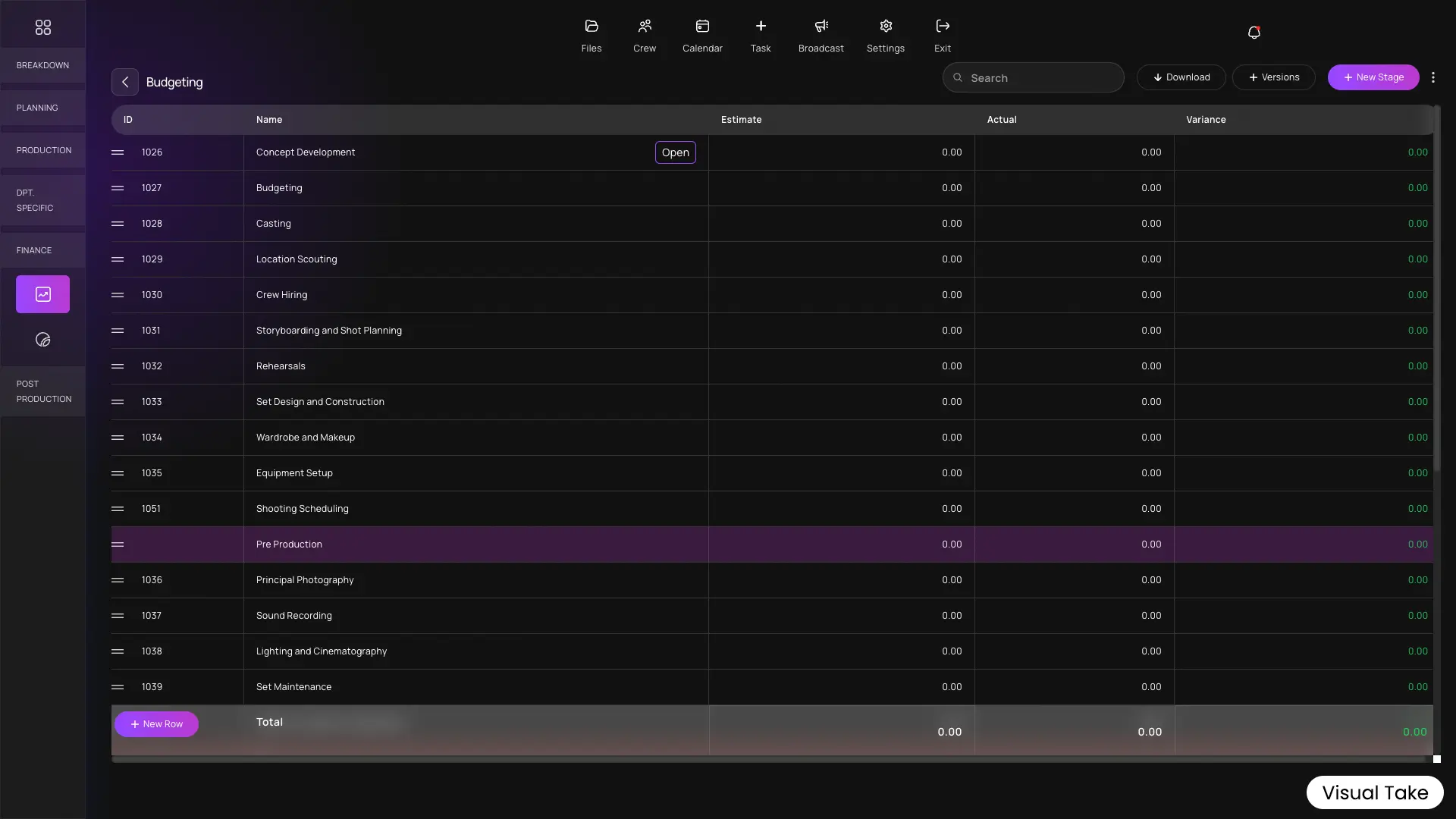 Visual Take Budgeting module UI